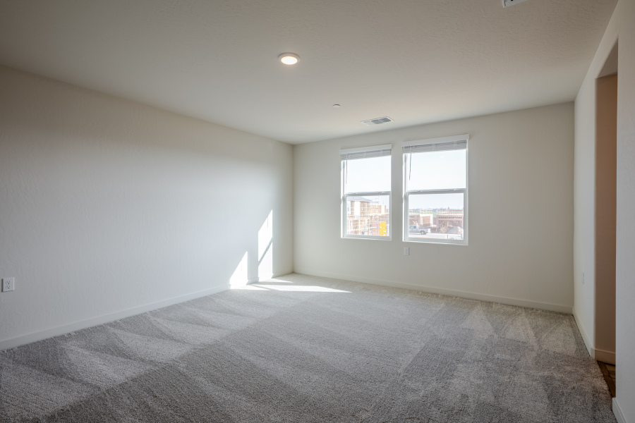 A room with a carpet and windows.
