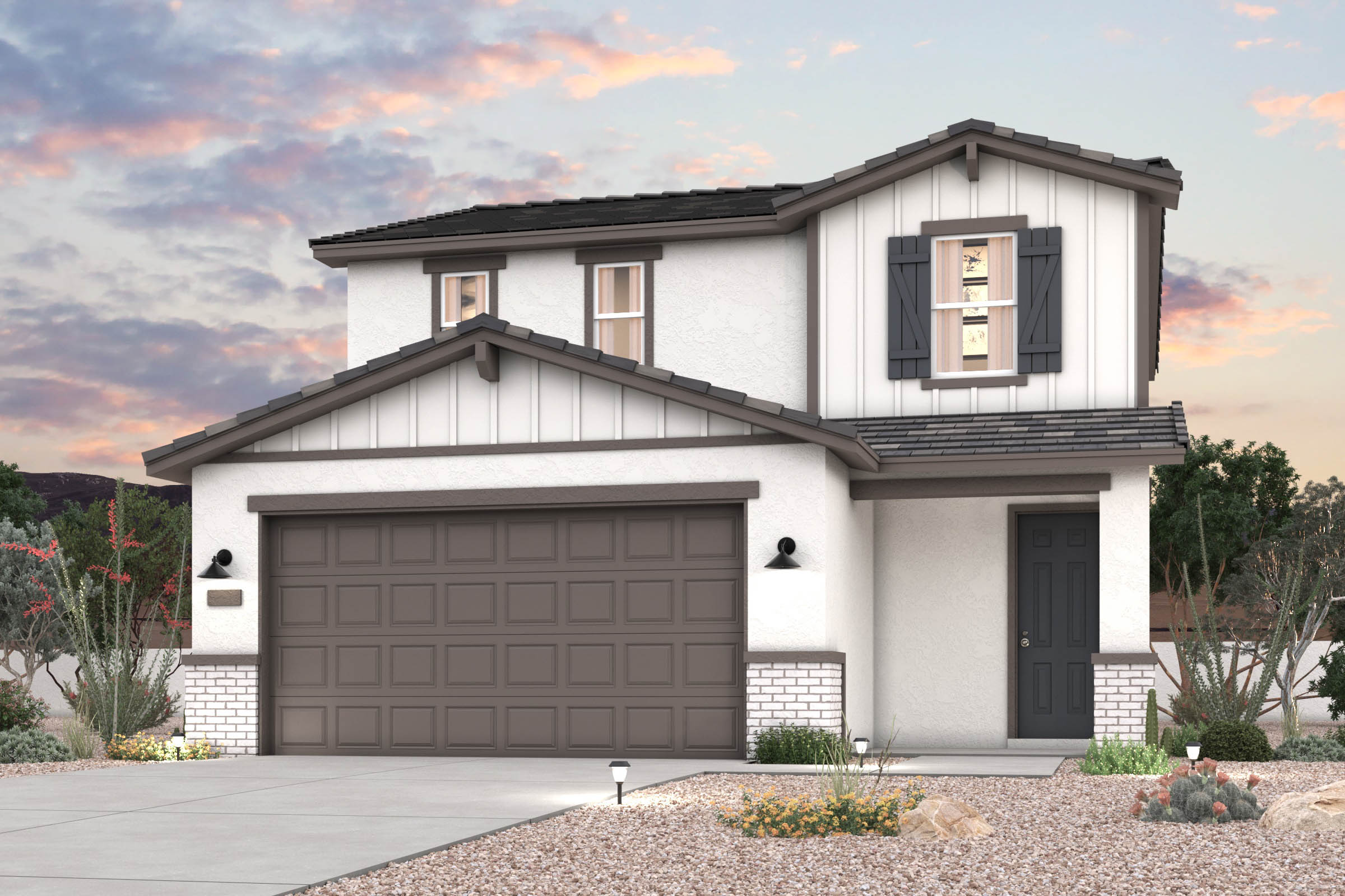 Twilight rendering of front of new home for sale in San Tan Valley, AZ at Skyline Village the Highlands Collection by Century Communities with 2 car garage.