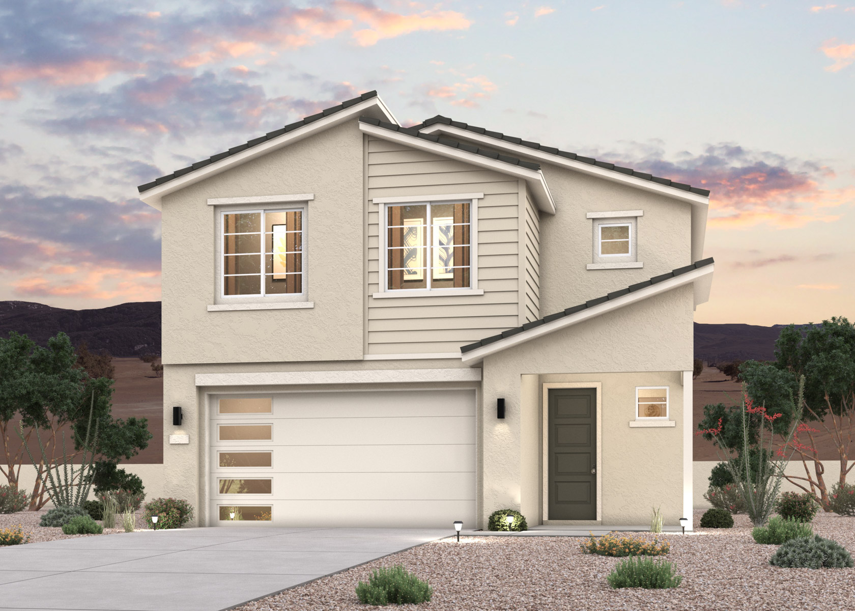 A twilight rendering of a 2-story new home in Buckeye, AZ at Manzanita at Teravalis by Century Communities.