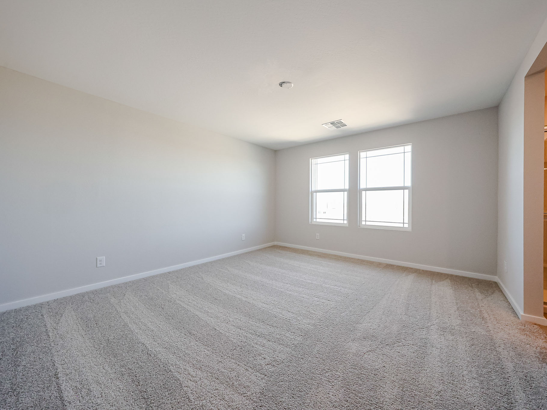 A room with a carpet and windows.