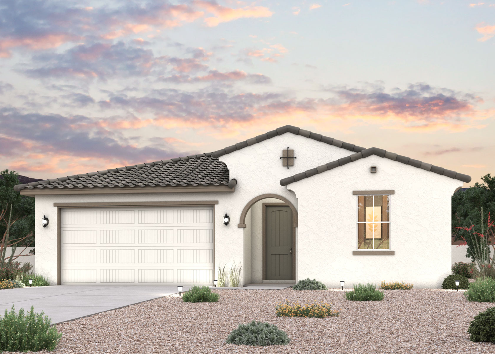 Twilight rendering of front of home with 2 car garage.