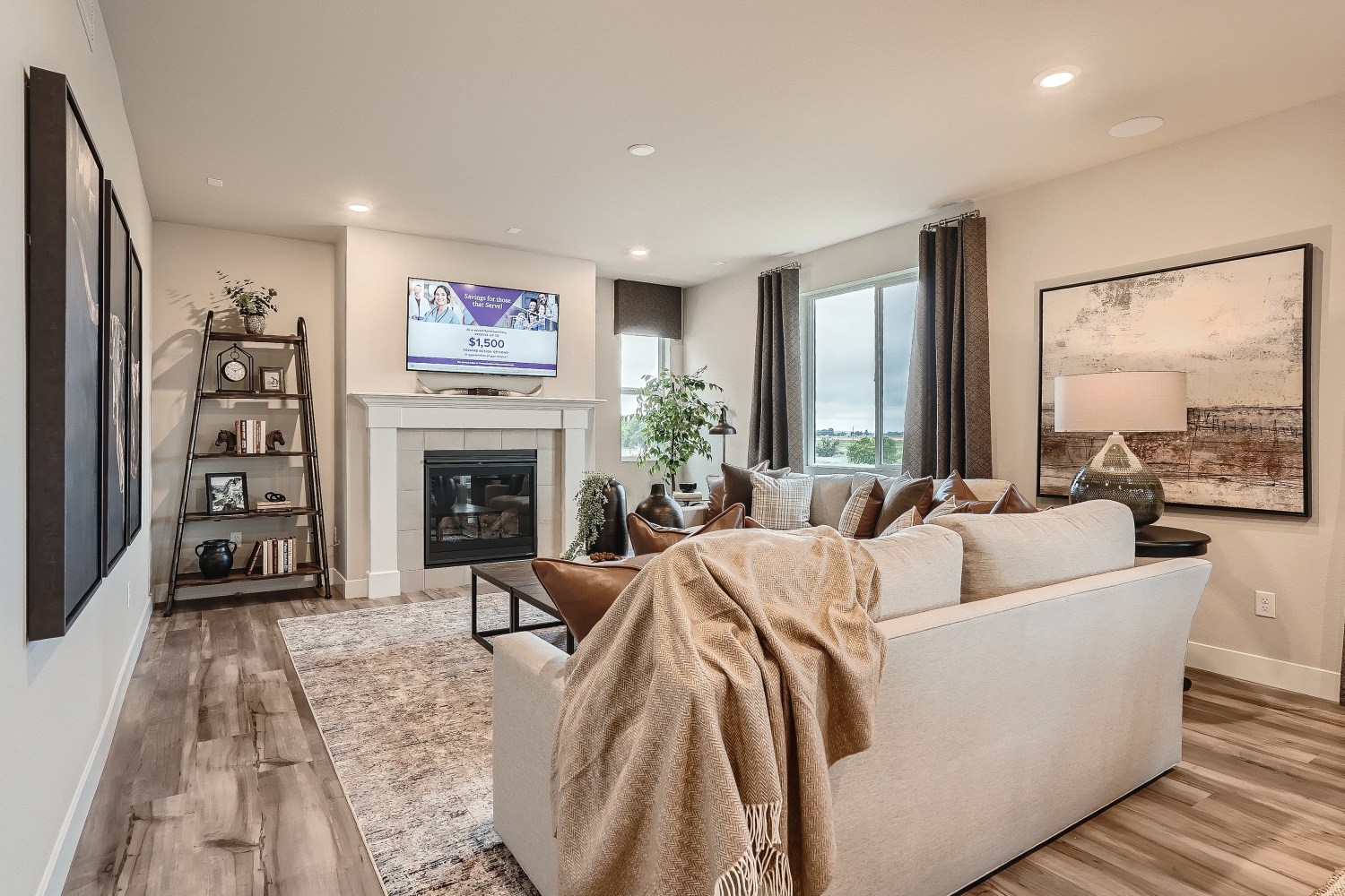 A living room with a fireplace.