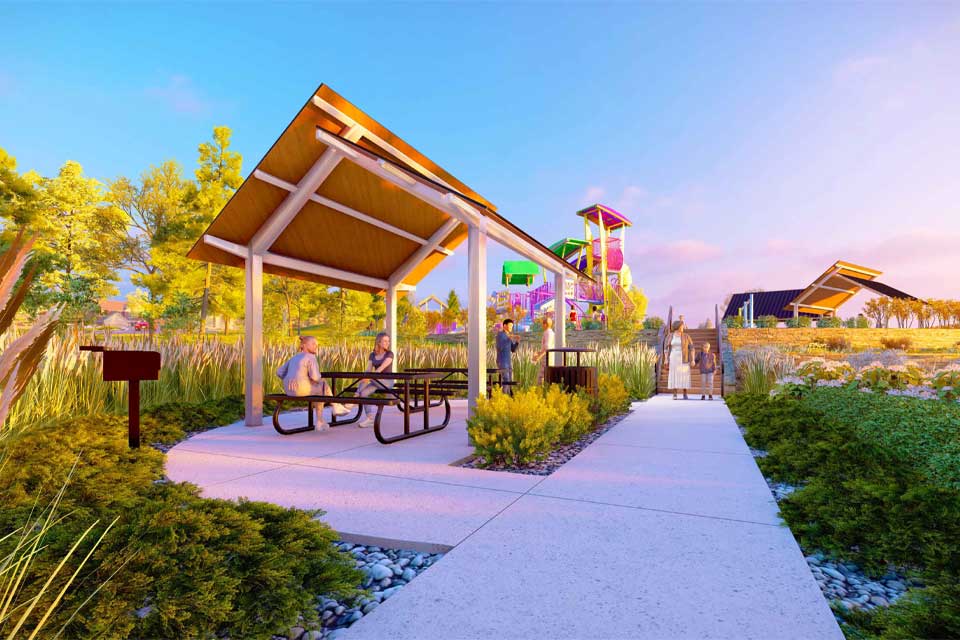 A group of people sitting on a bench under a gazebo.