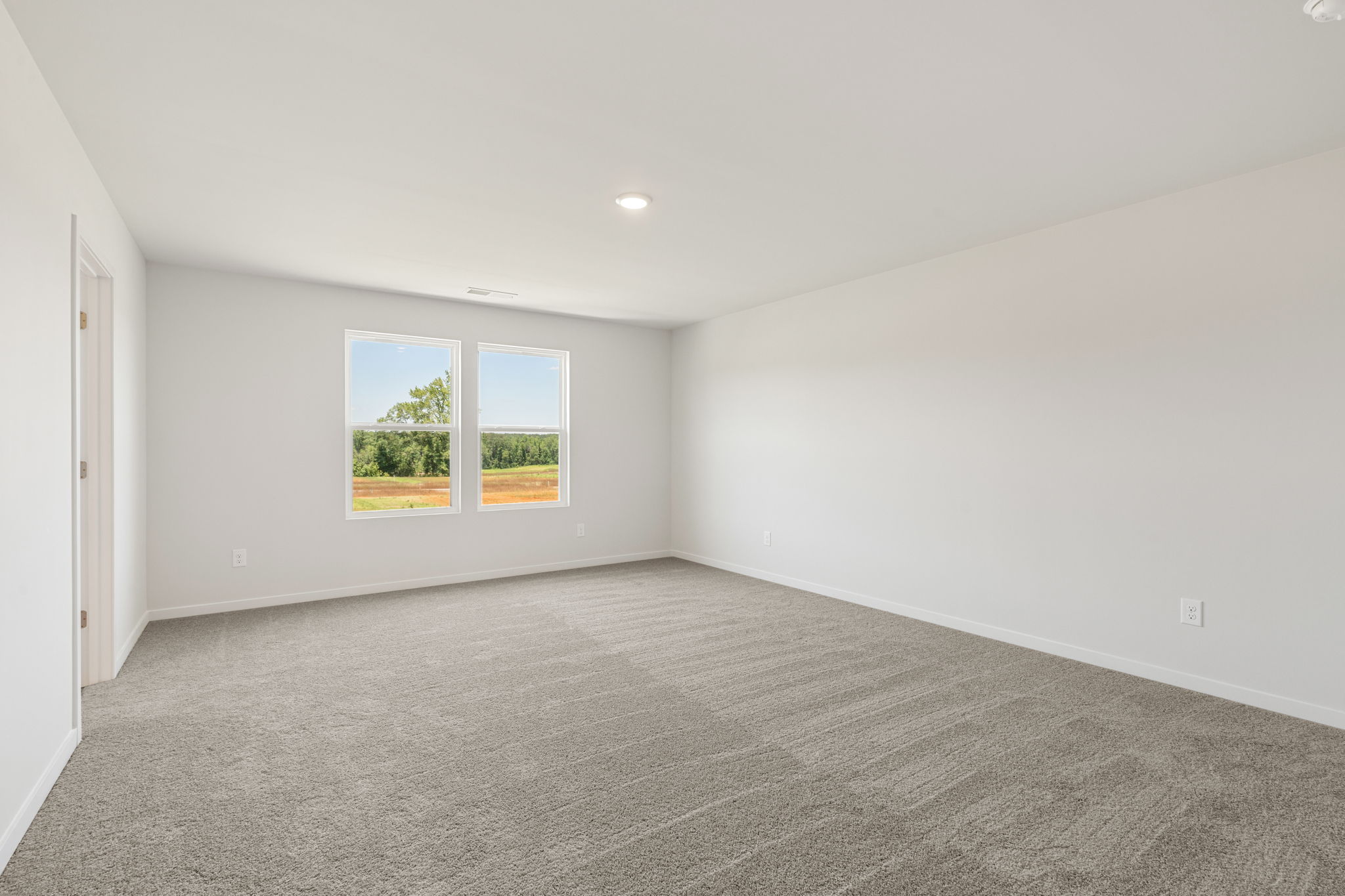 A room with a carpet and windows.