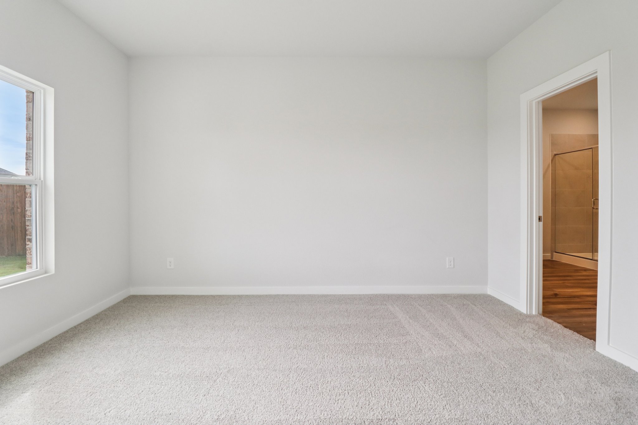 A room with a carpet and a door.