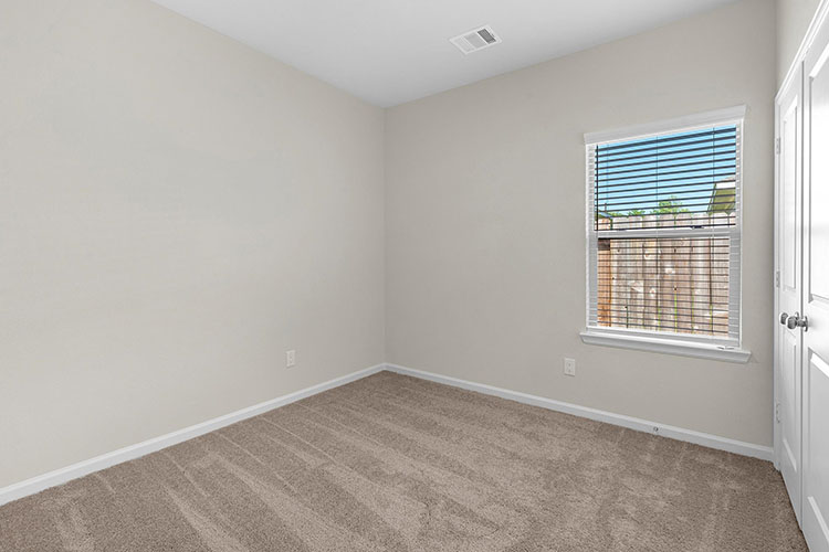 A room with a window and a rug.