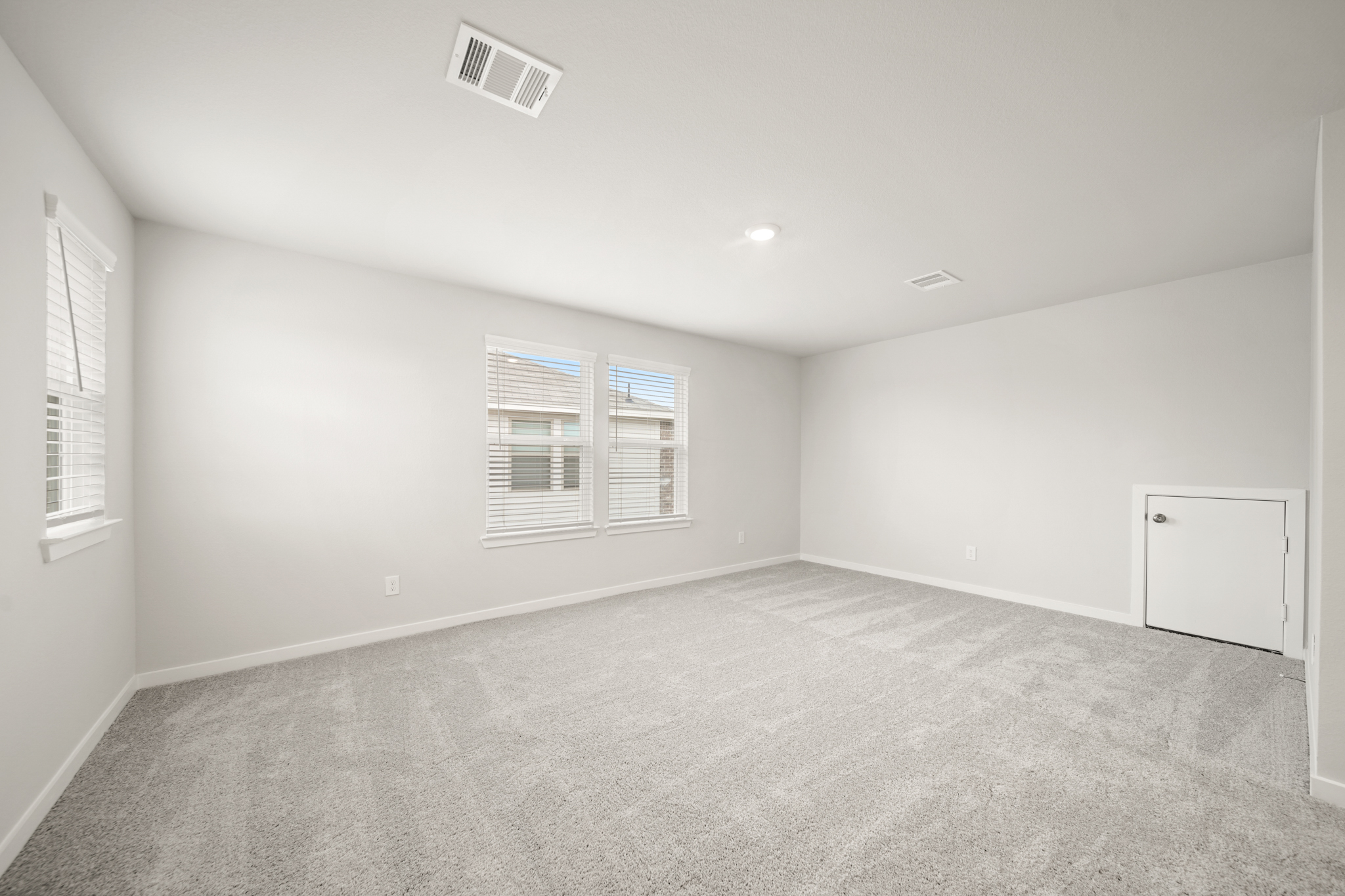 A room with a carpet and windows.