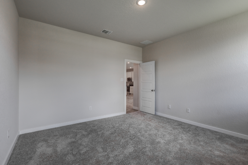 A room with a carpet and a door.