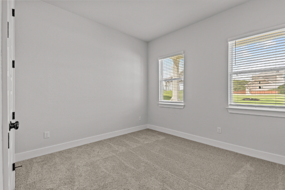 A room with a carpet and windows.