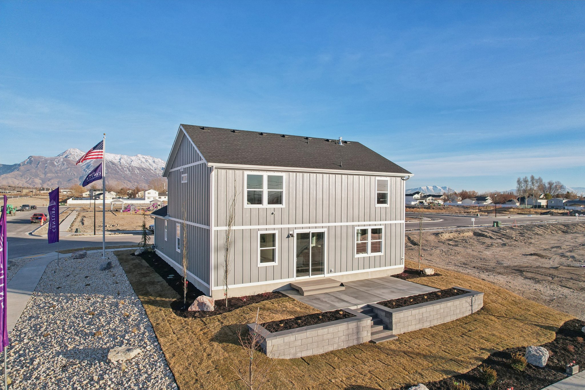 A building with a flag in the front.