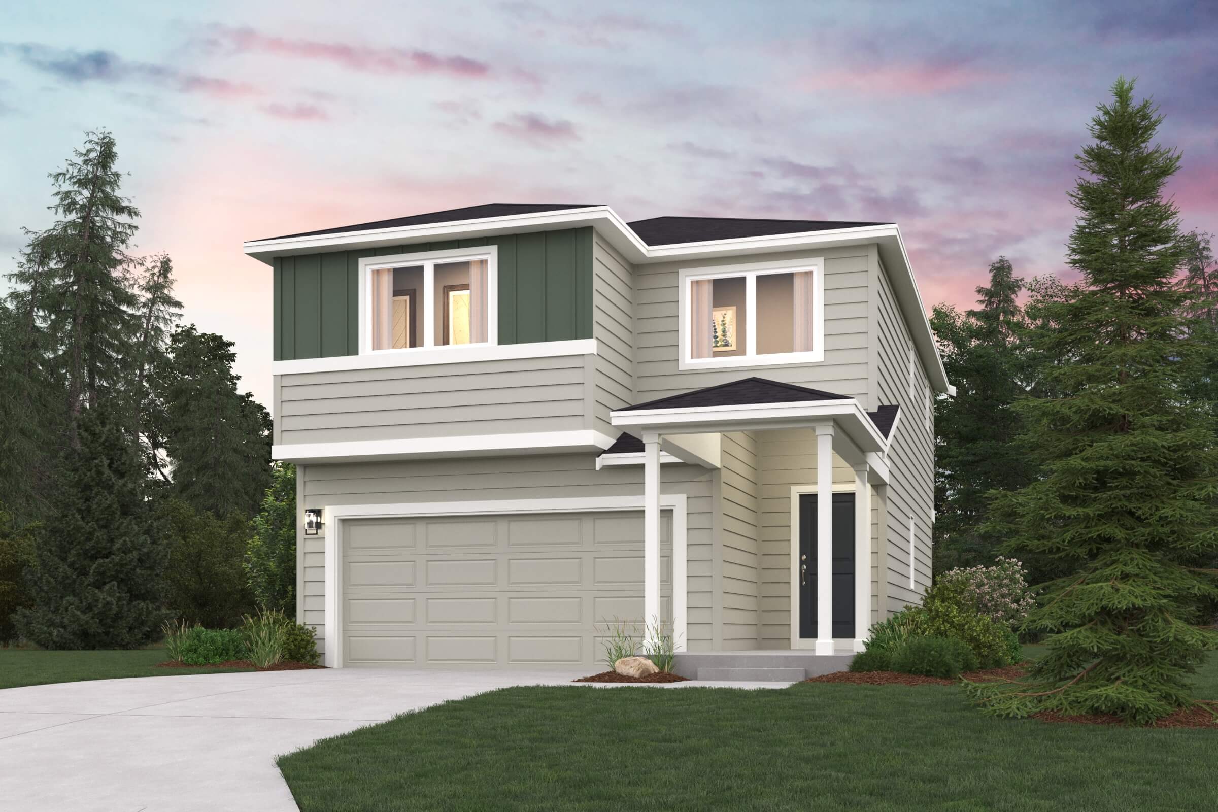 A white house with a garage.