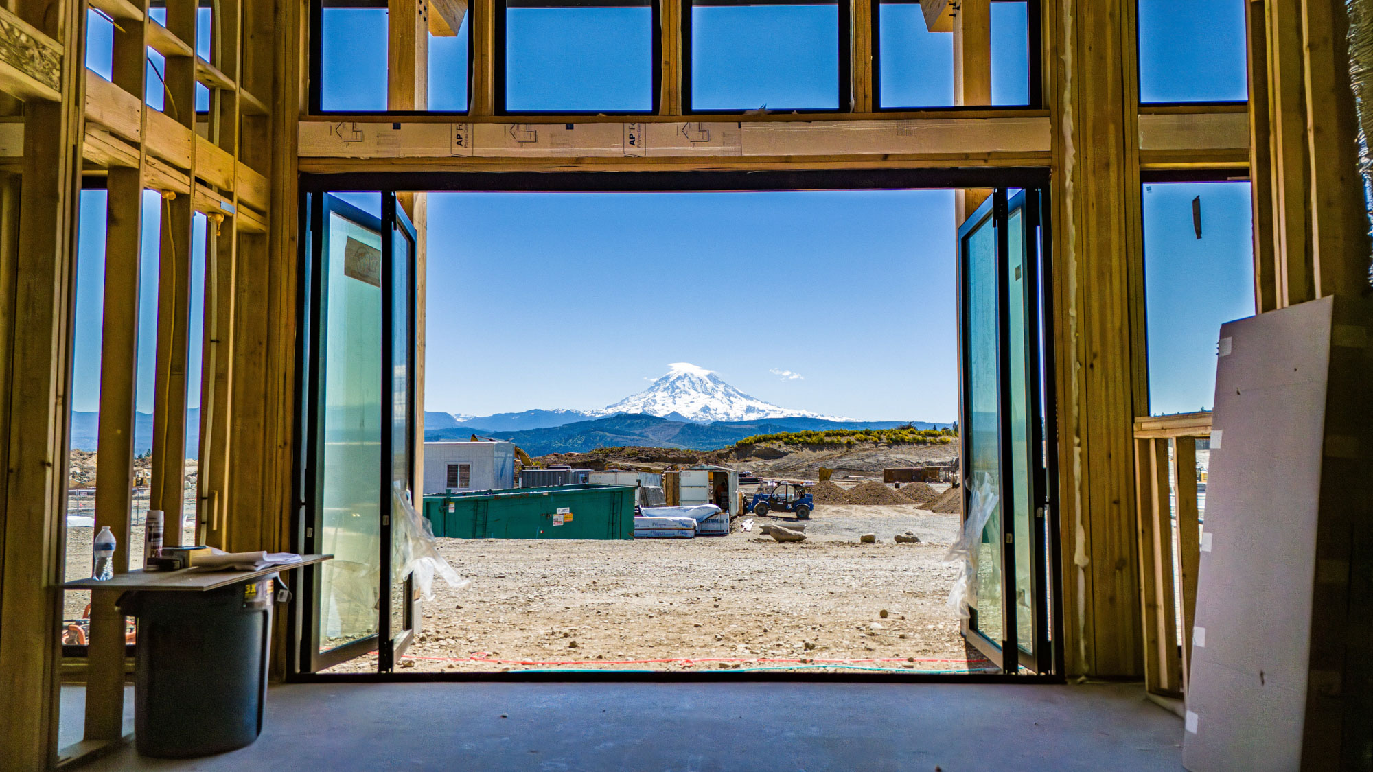 A view of a mountain from a window.