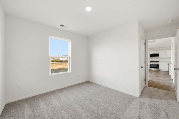 A room with a window and a rug.