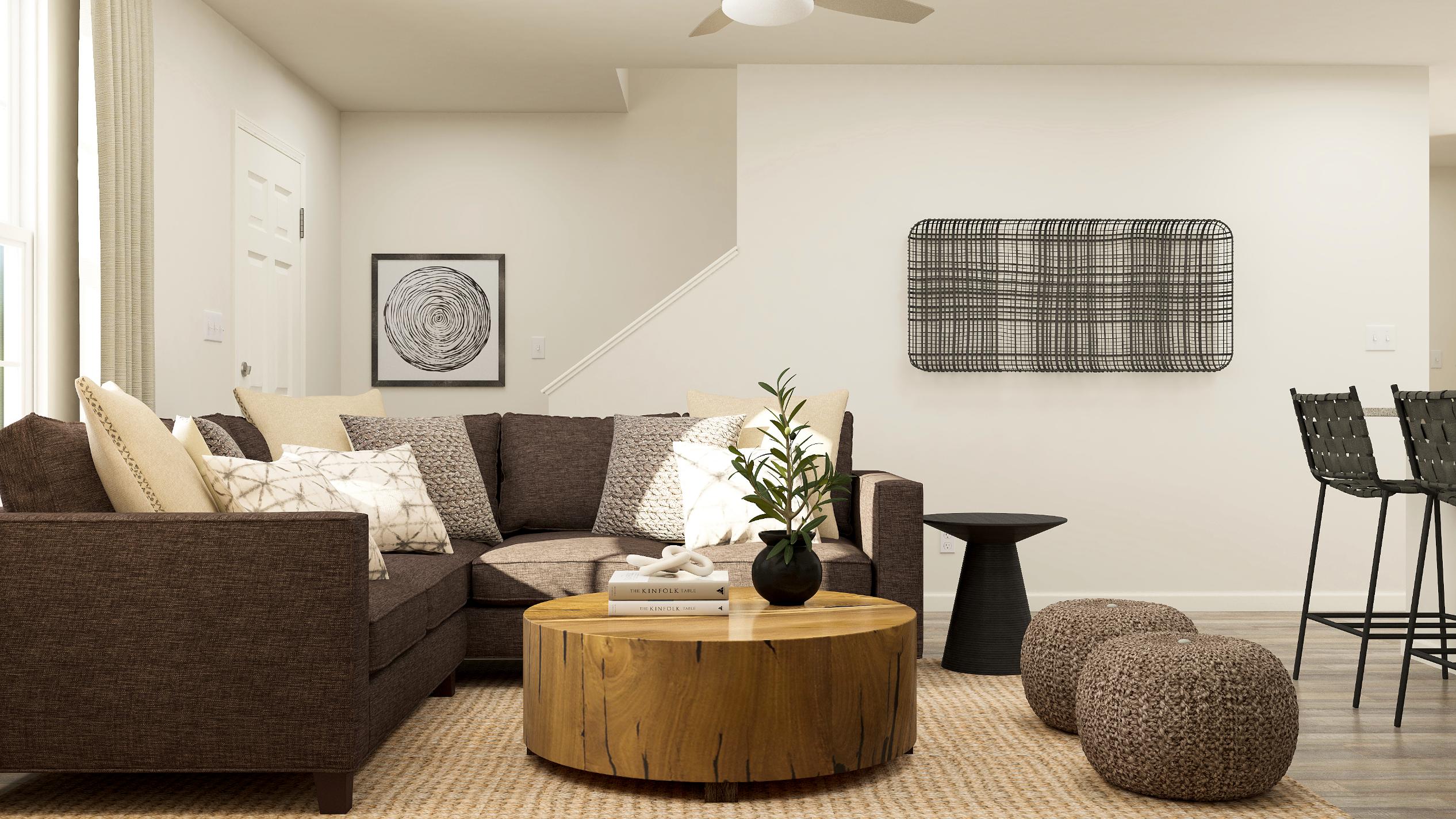 A living room with a couch and coffee table.