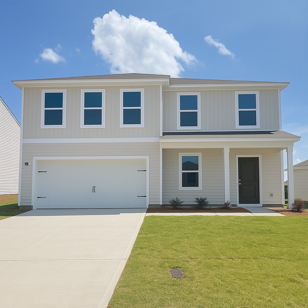 A white house with a garage.